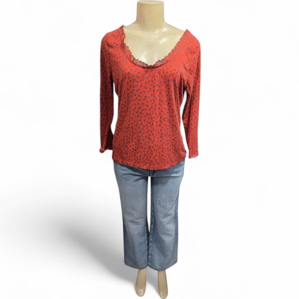 Boden Rust Orange Floral Long Sleeve Top Lace Trim US 8